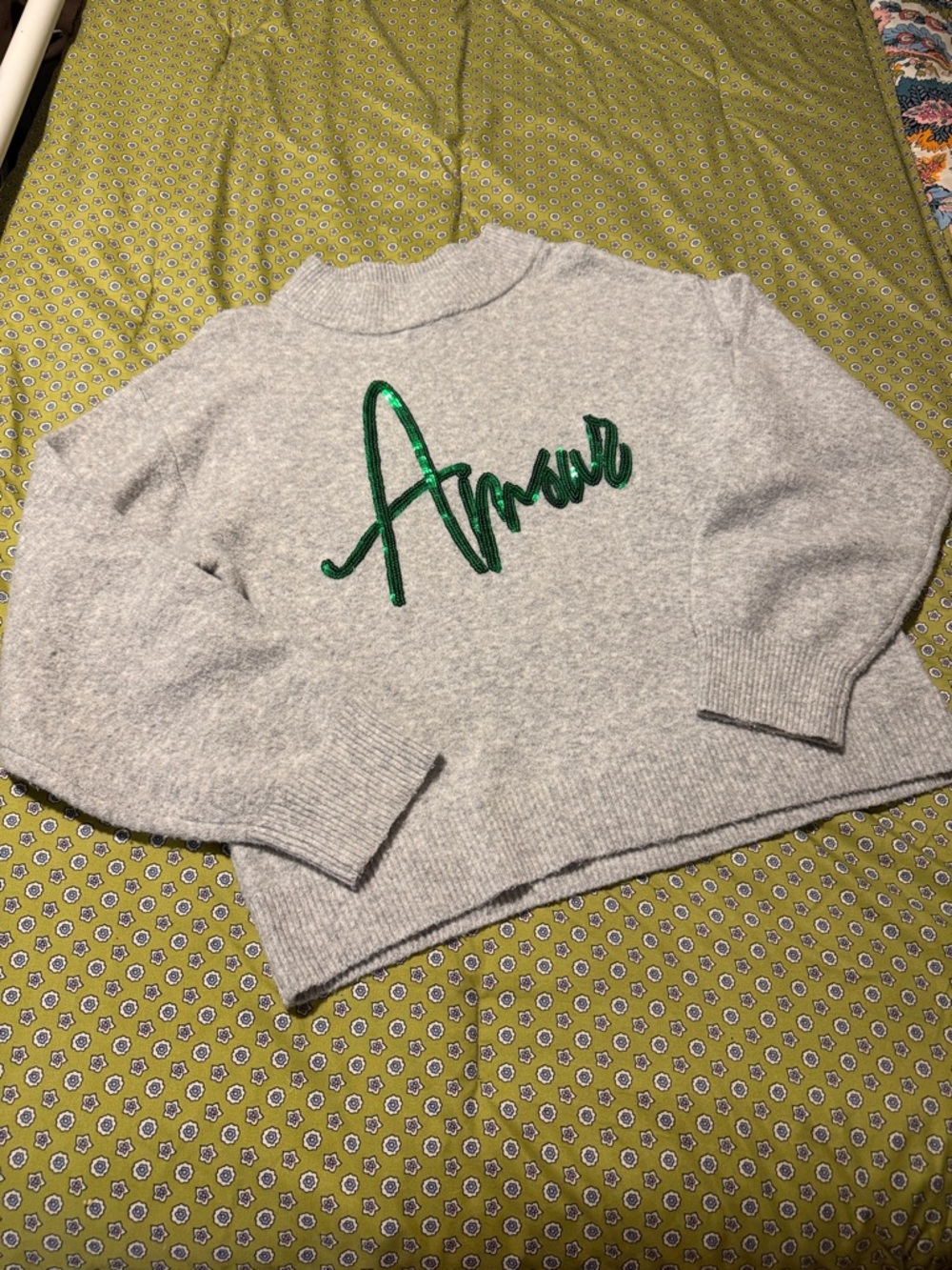 a new day Grey Crewneck Sweater with Green 'Amour' Script